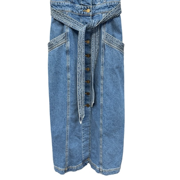 Kivari Denim Midi Dress US 6 Button Front Belted Pocket Pinafore Blue - Picture 3 of 7
